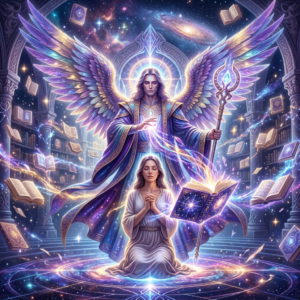 Archangel Raziel surrounded by violet and golden light during an Akashic Abundance Healing Meditation.