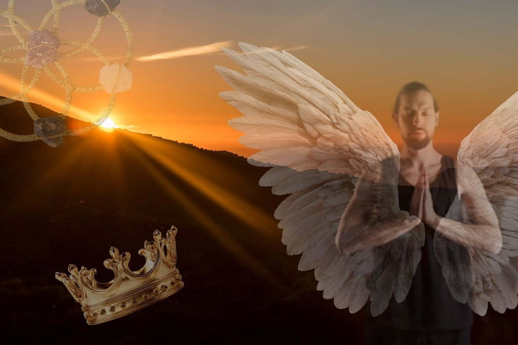 Archangel Jehudiel holding a crown, traditional symbol of work and spiritual reward